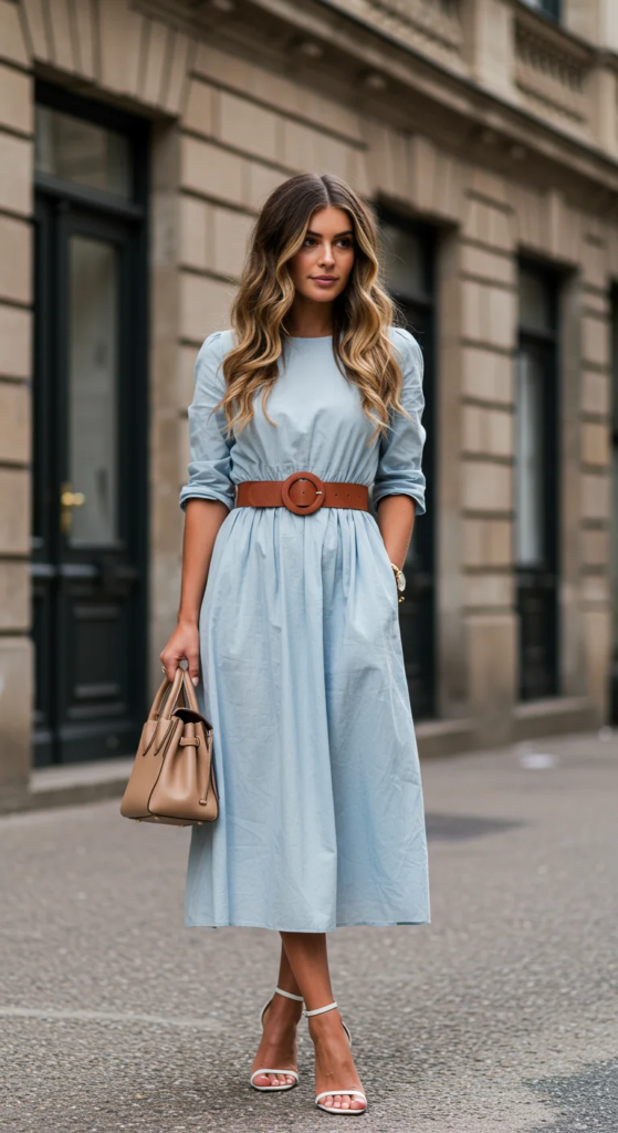 Pastel Midi Dress with Statement Belt