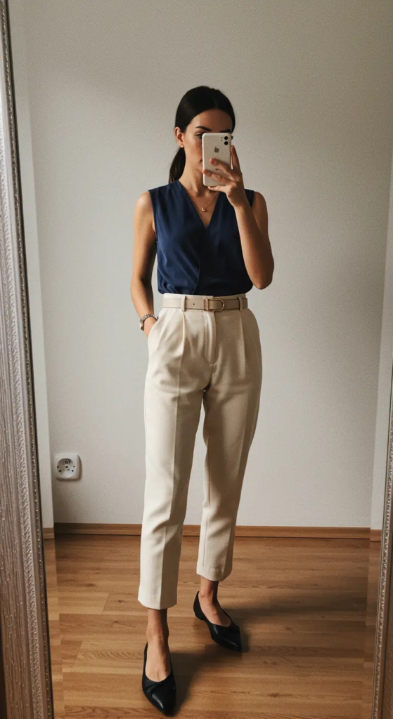 High-Waisted Trousers and Sleeveless Blouse