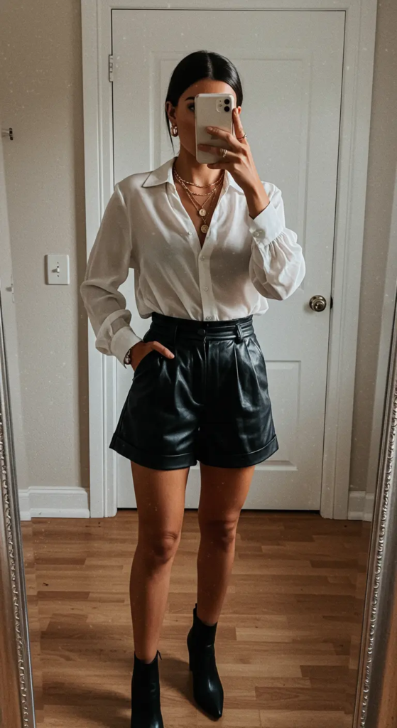 Sheer Blouse and Leather Shorts