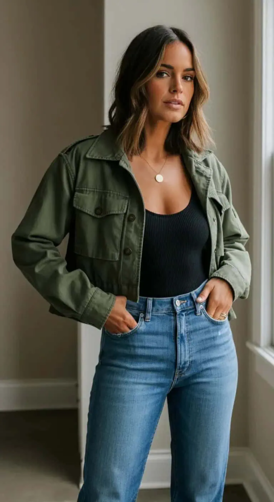 Cropped Utility Jacket and Ribbed Bodysuit
