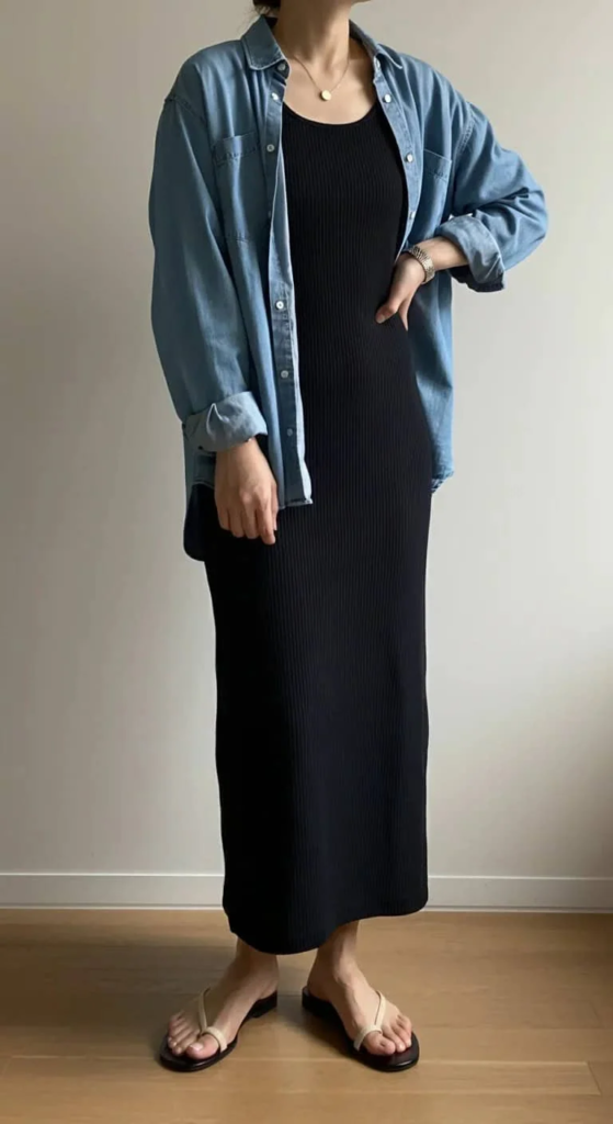 Ribbed Tank Dress and Denim Shirt