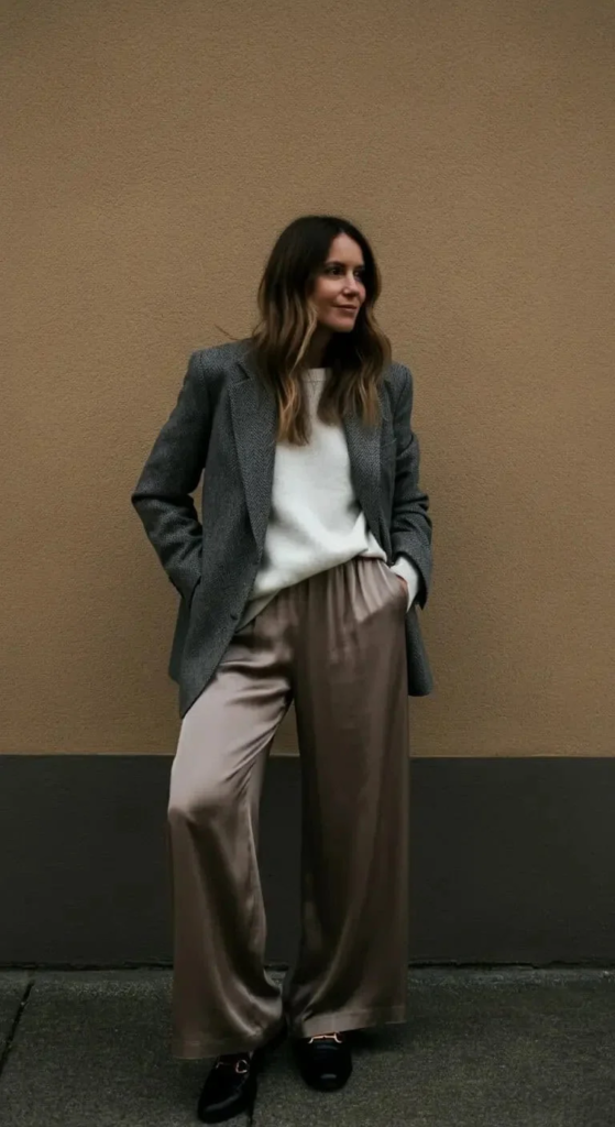 Herringbone Blazer and Silk Pants