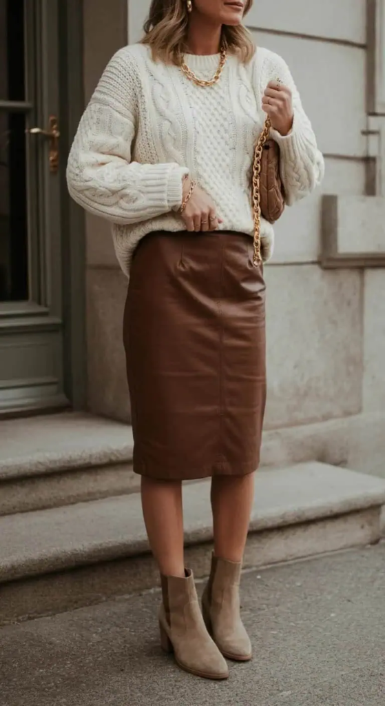 Cable Knit and Leather Pencil Skirt
