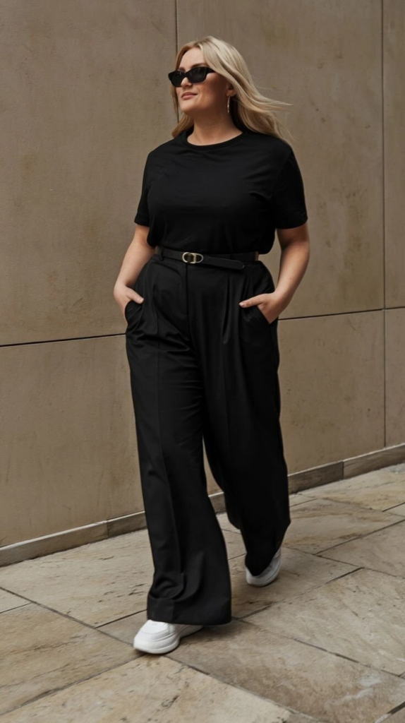Sleek All-Black Ensemble with Wide-Leg Trousers
