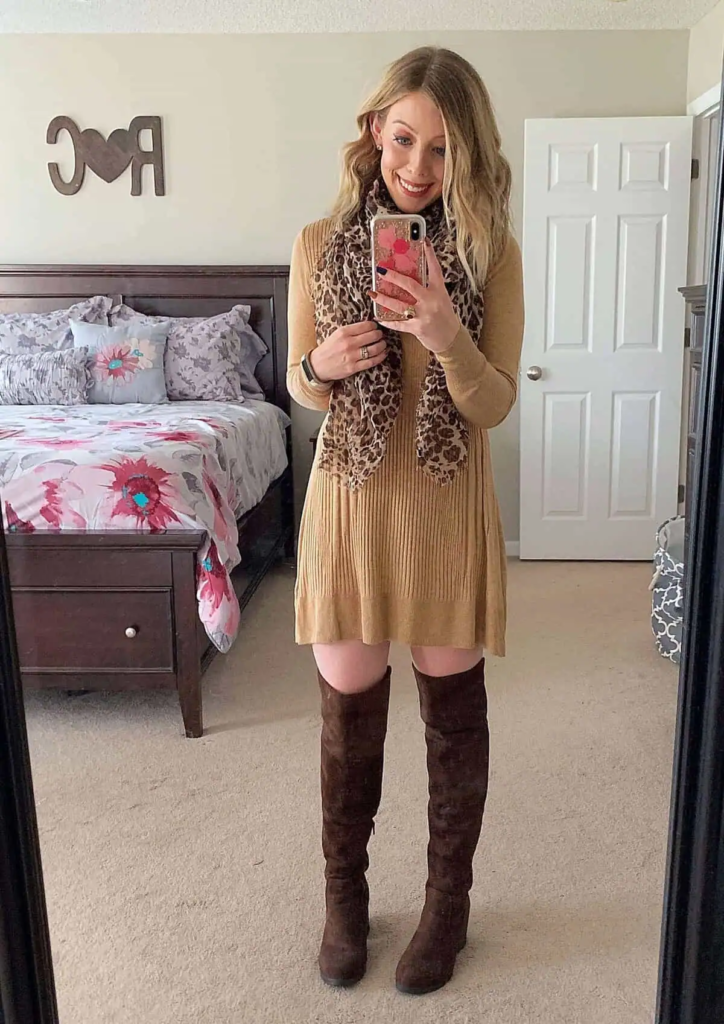 Camel Sweater Dress with Leopard Scarf