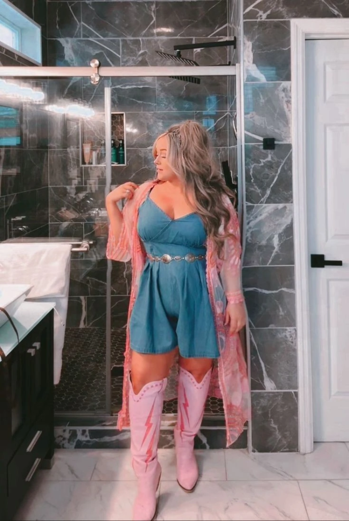 Denim Romper with Pink Velvet Boots