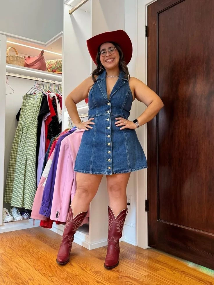 Denim Dress with Burgundy Cowboy Boots