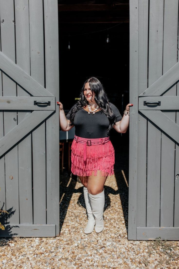 Pink Fringe Skirt with Classic Boots