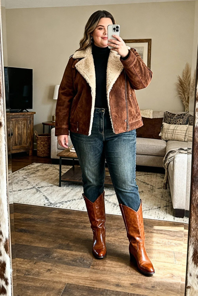 Cognac Jacket and Classic Denim Boots
