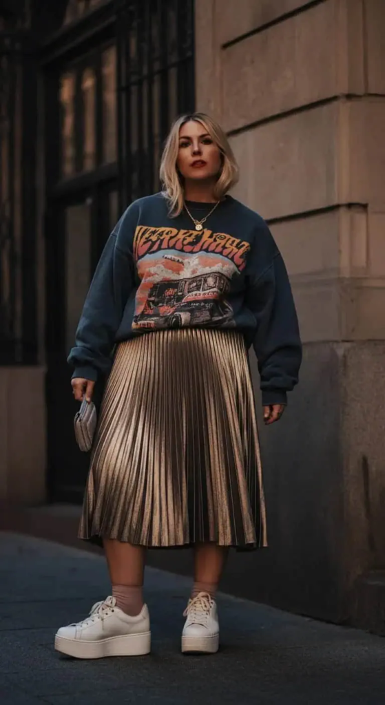 Graphic Sweater and Pleated Skirt