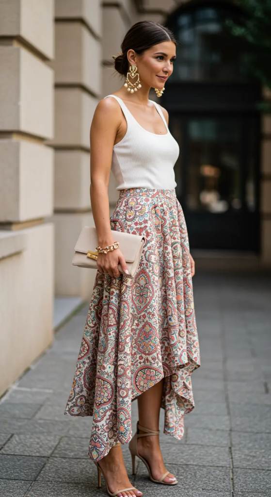 Asymmetrical Midi Skirt and Fitted Tank Top