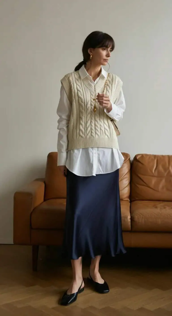 Cable Knit Vest and Silk Midi Skirt
