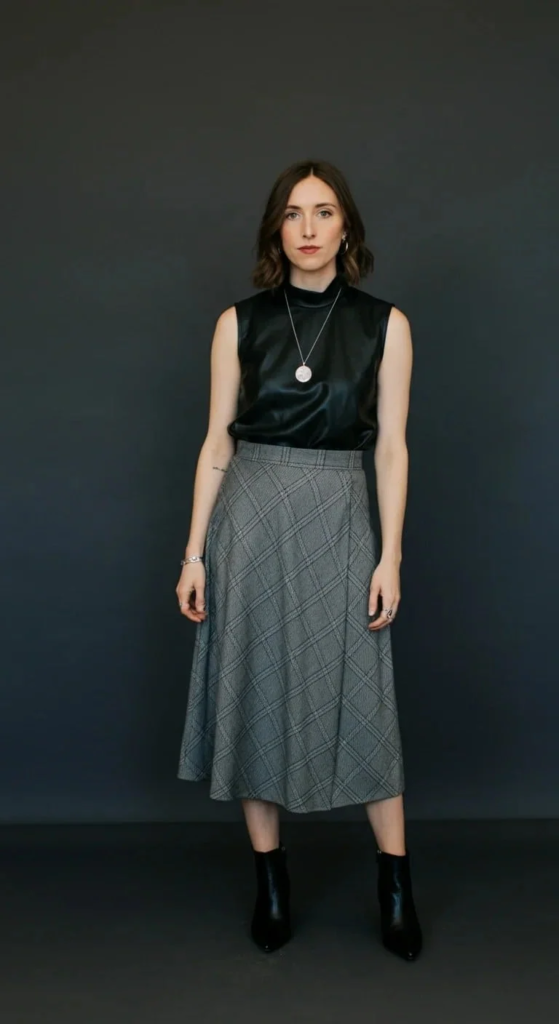 Plaid Midi with Leather Top