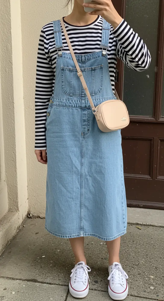 Denim Overall Dress with Striped Tee