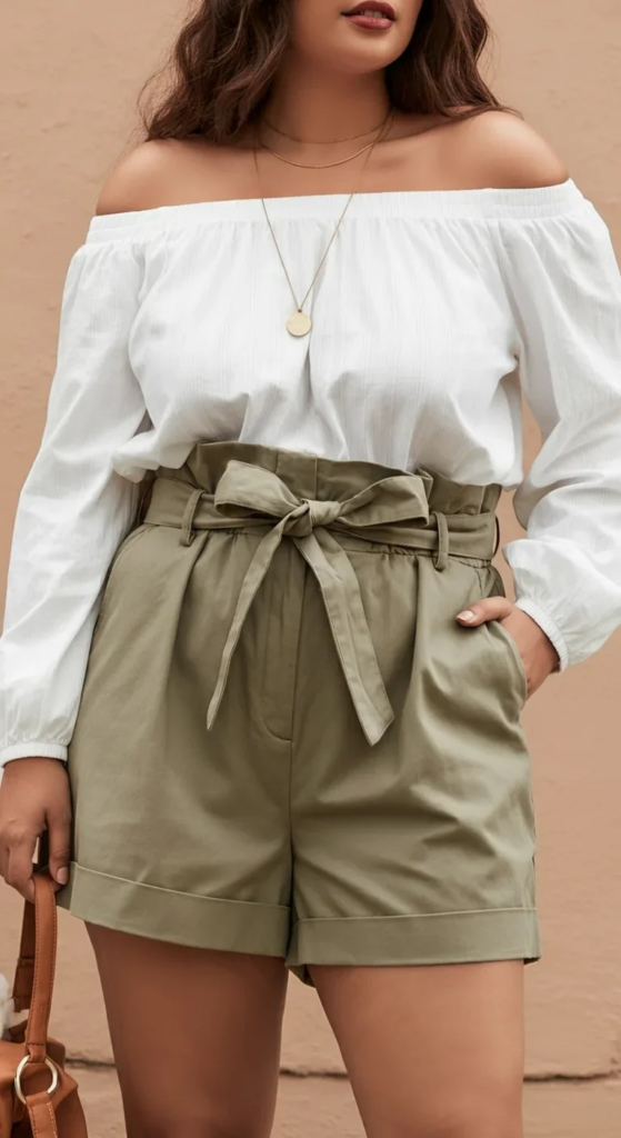 Paper Bag Shorts with Off-Shoulder Top